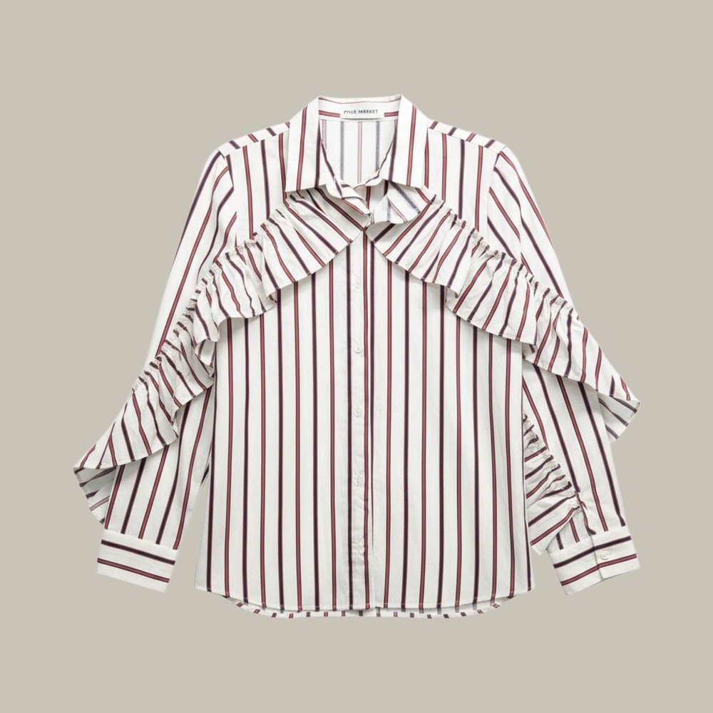 PIXIE MARKET Ruffle Stripe Button Down Shirt Blouse Top White Red Blue Sz M